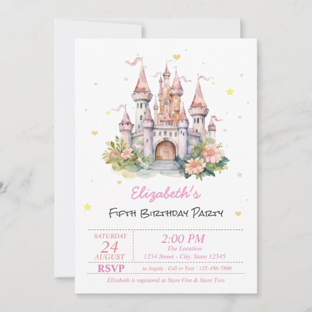 Invitación Cuento de Hadas Flores Corazones Castillo (Anverso)
