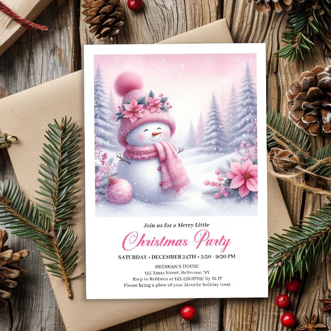 Invitación Cuento de Hadas Muñeco de Nieve Rosa Editable Navi (Fairytale Pink Snowman Editable Christmas Kids Party Invite)