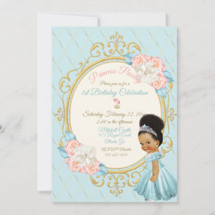 Invitación Cuento de Hadas Princesa Real Rosa Chica Aqua Étni