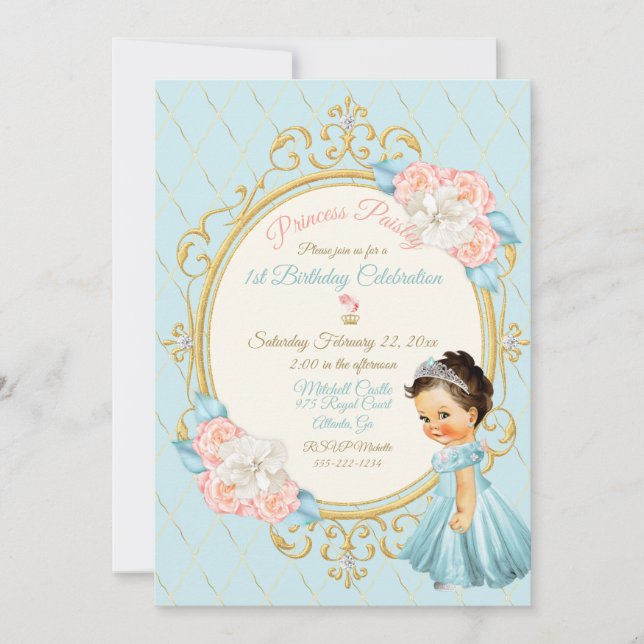 Invitación Cuento de Hadas Princesa Real Rubor Dorado Aqua Ni (Anverso)