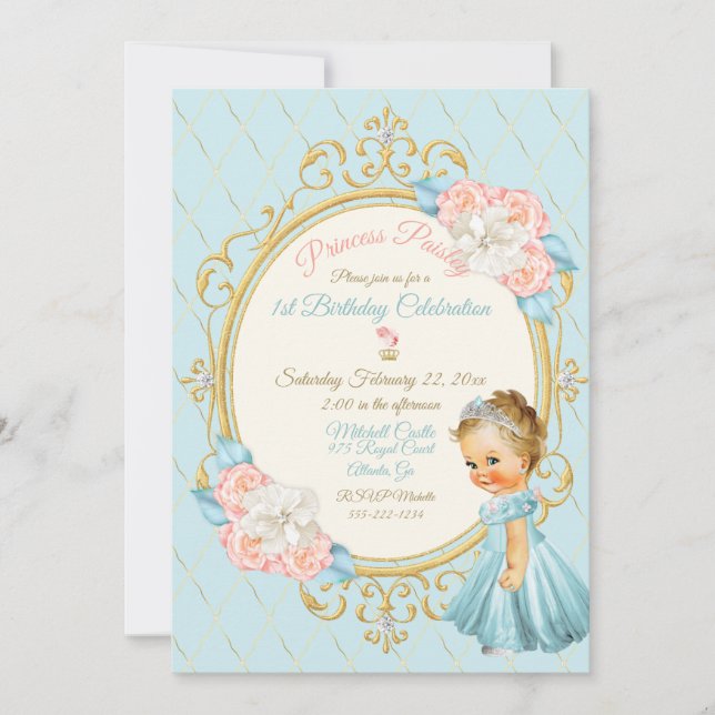 Invitación Cuento de Hadas Princesa Real Rubor Dorado Aqua Ni (Anverso)