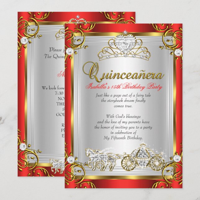 Invitación Cuento de hadas Quinceanera 15º cumpleaños Oro Roj (Anverso / Reverso)