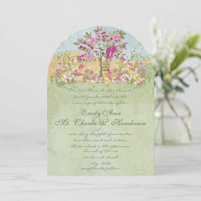 Invitación Cuento de Hadas Rosa Verde Floral Bodas de Loros (Anverso de pie)