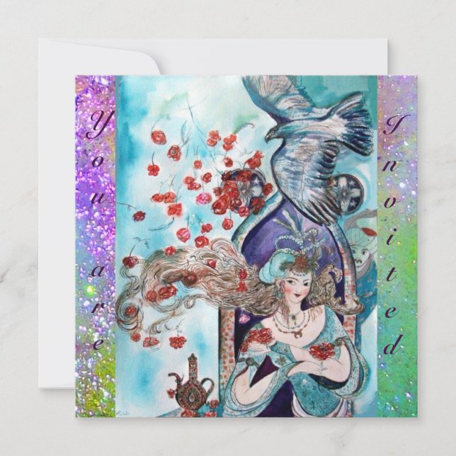 Invitación CUENTO DE HADAS TURCO ,brillo rojo azul púrpura br (Anverso)