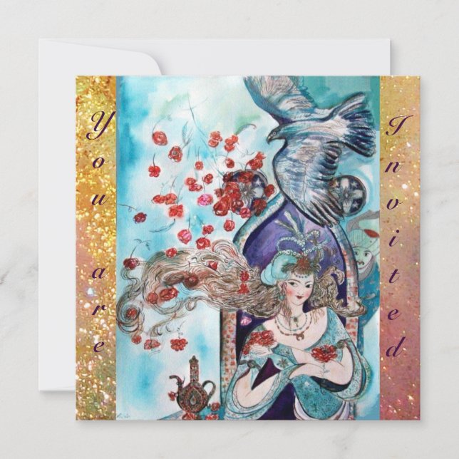 Invitación CUENTO DE HADAS TURCO ,rojo brillante azul amarill (Anverso)