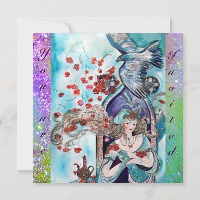 Invitación CUENTO DE HADAS TURCO ,rojo brillante azul morado  (Anverso)