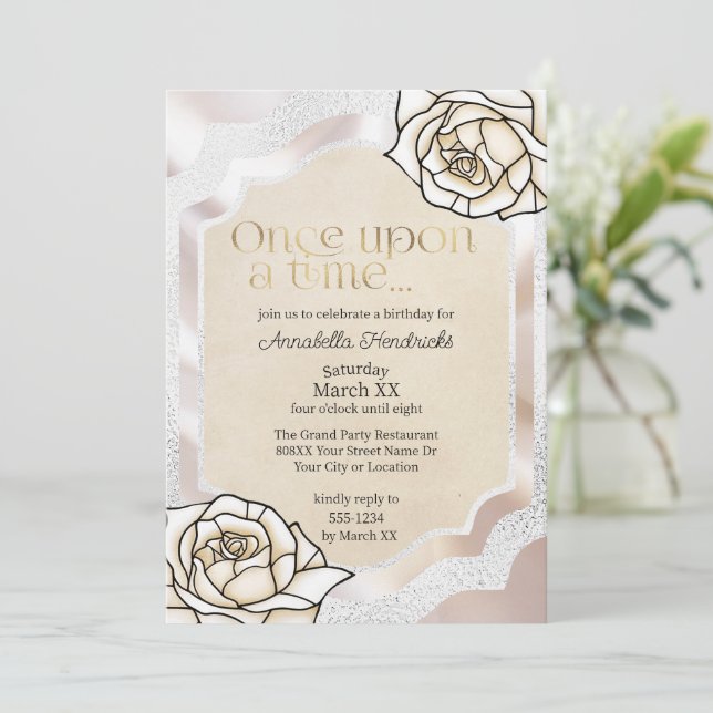 Invitación Cuento de Hadas Vidrio Emplomado Rosas Blancas (Anverso de pie)