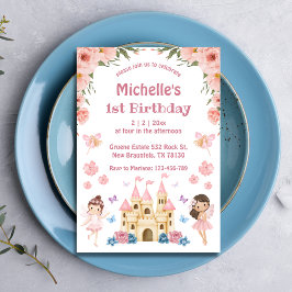 Invitación Cuento de hadas y castillo floral rosa primer cump