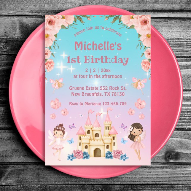 Invitación Cuento de hadas y castillo floral rosa primer cump (Subido por el creador)