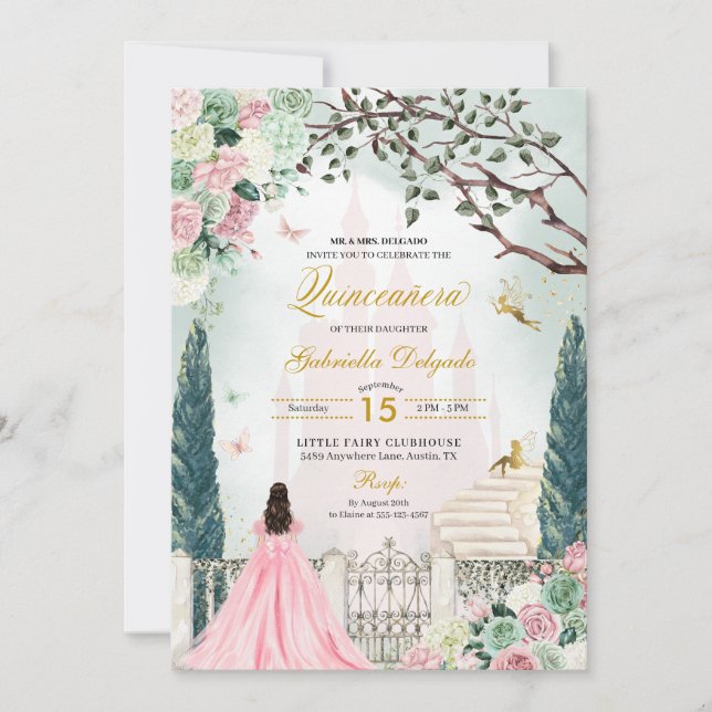 Invitación Cuentos de hadas de oro rosa Jardín encantado Quin (Anverso)