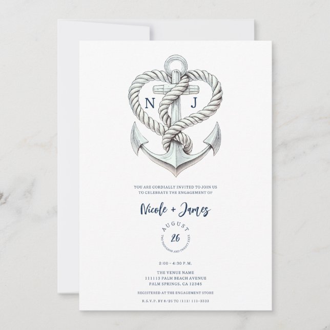 Invitación Cuerda de Ancla de Corazón Náutico Compromiso Cost (Anverso)