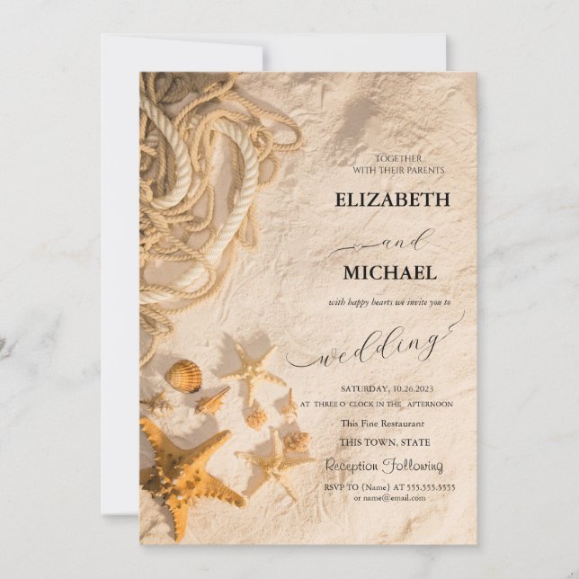 Invitación Cuerda de conchas de mar Boda con guión de arena (Anverso)