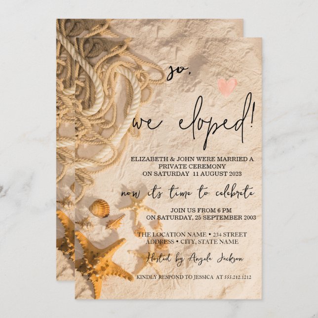 Invitación Cuerda de conchas de mar Boda de arena Huida  (Anverso / Reverso)