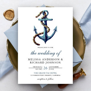 Invitación Cuerda Rústica Ancla Azul Marino Boda Náutica