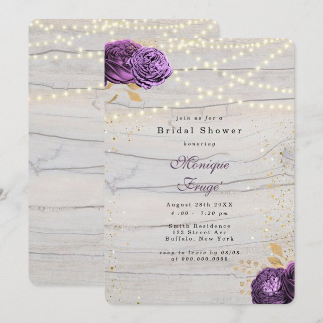 Invitación Cuerdas De Madera Púrpura Floral De Luces Ducha De (Anverso / Reverso)