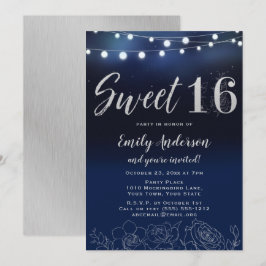 Invitación Cuerdas de plata azul de la marina iluminan dulce