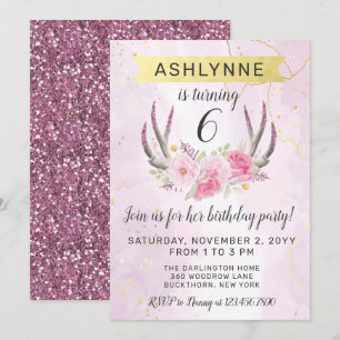 Invitación Cuernecillos Florales y Mármol Rosa Dorado Cumplea
