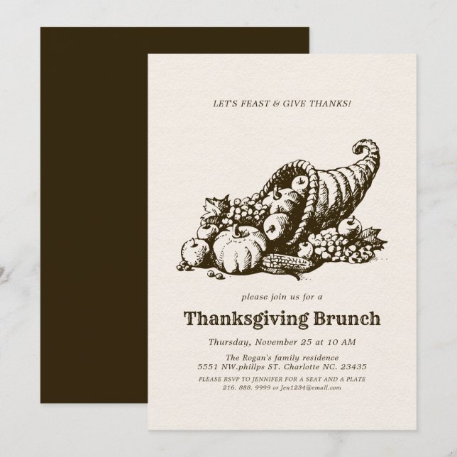Invitación Cuerno de abundancia | Brunch de Acción de Gracias (Anverso / Reverso)