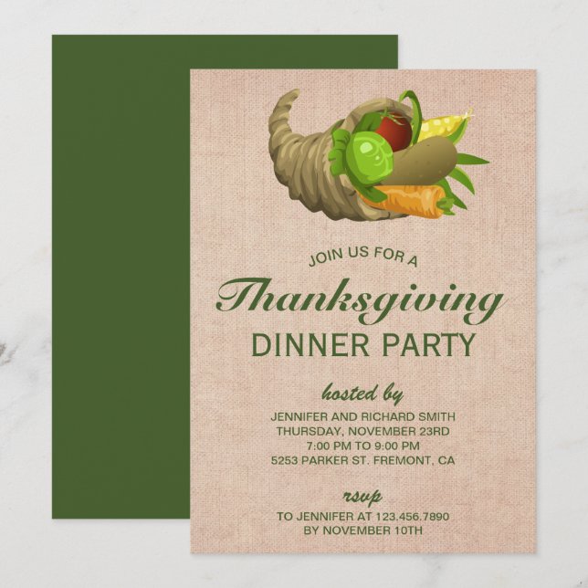 Invitación Cuerno de abundancia | Burlap Fiesta de la cena de (Anverso / Reverso)