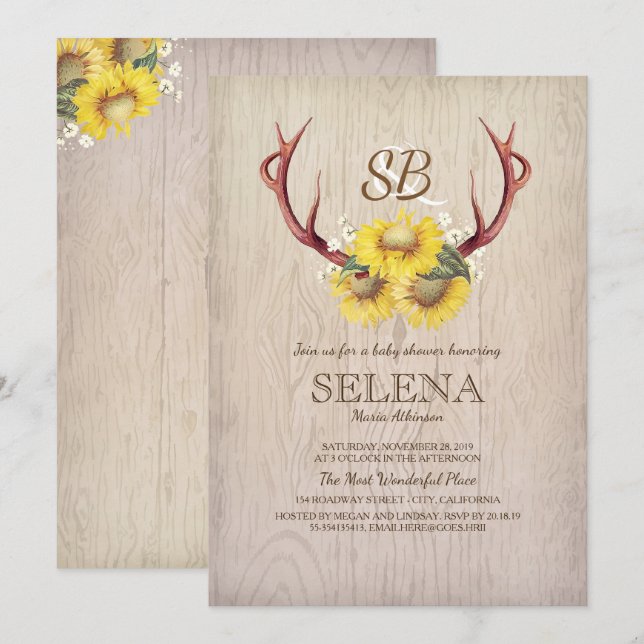 Invitación Cuerno de Ciervo y Girasoles Baño de Bebé Rústico (Anverso / Reverso)