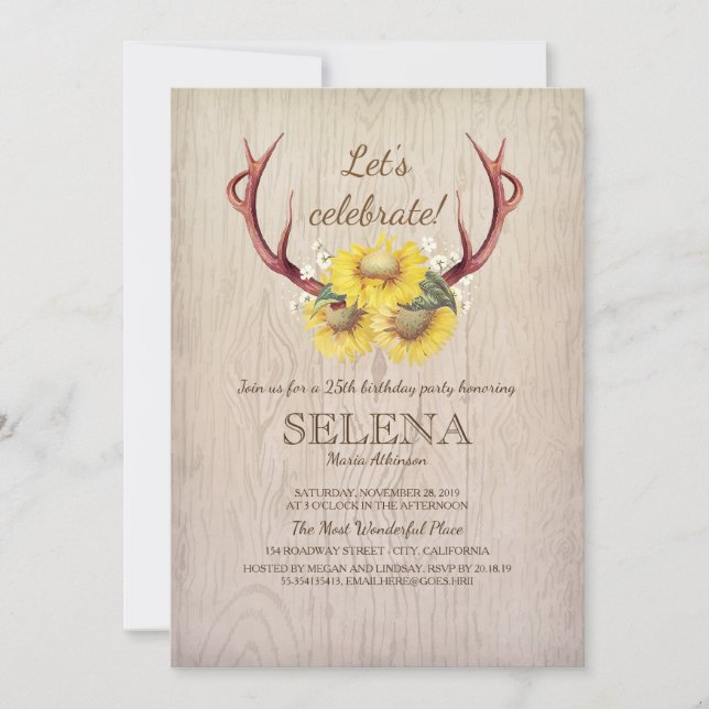 Invitación Cuerno de Ciervo y Girasoles Fiesta de Cumpleaños  (Anverso)
