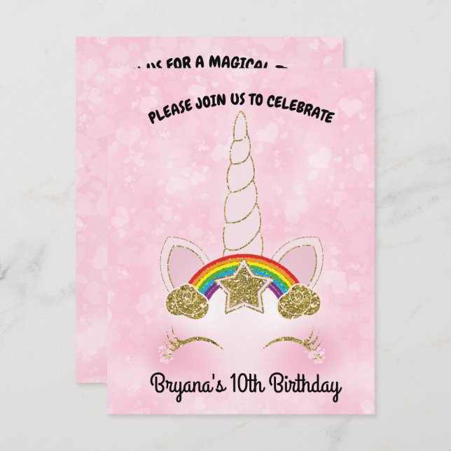 Invitación Cuerno de Unicornio Estrella Arcoíris Dorado Coraz (Anverso / Reverso)
