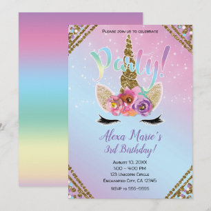 Invitación Cuerno de Unicornio Floral Arcoíris Cumpleaños Fie