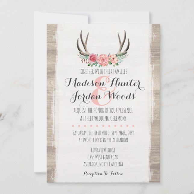 Invitación Cuerno Floral Rústico Boda Personalizado Formal (Anverso)