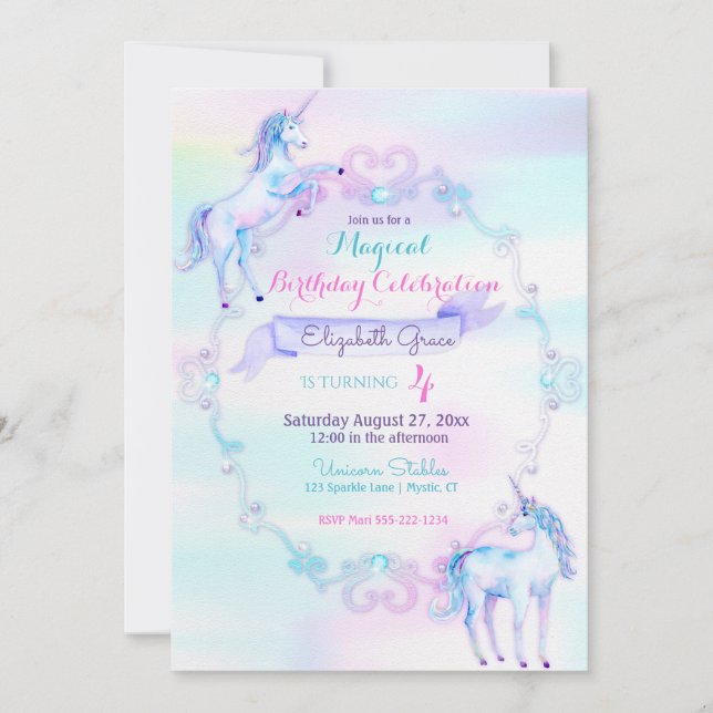 Invitación Cuerno mágico fantasía arcoíris aqua rosa lavanda (Anverso)