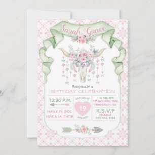 Invitación Cuernos de toro florales tribales flechas rosa men