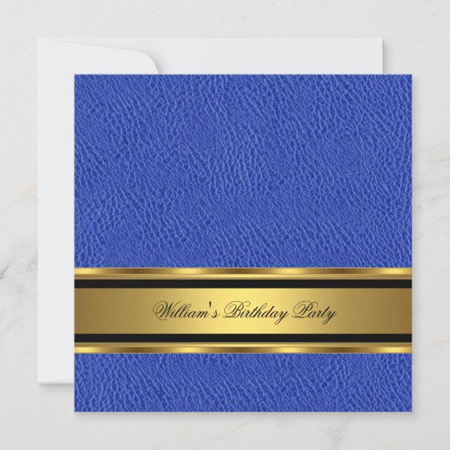 Invitación Cuero azul mira hombre de cumpleaños dorado (Anverso)