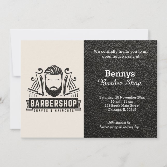 Invitación Cuero de Barbería abierto día (Anverso)