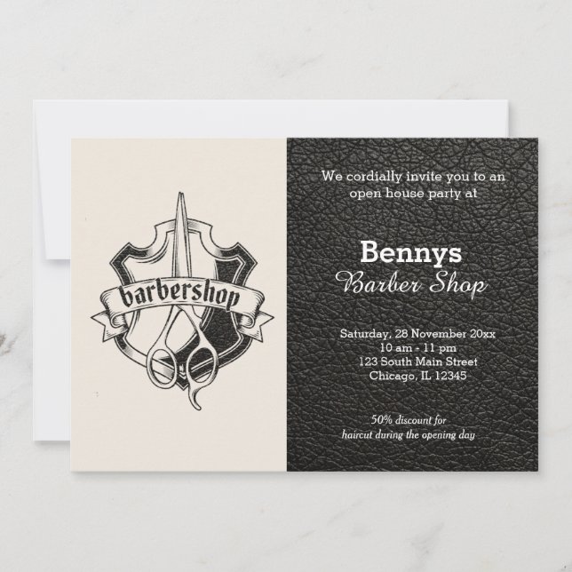 Invitación Cuero de Barbería abierto día (Anverso)