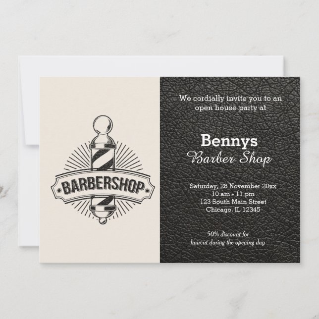 Invitación Cuero de Barbería abierto día (Anverso)