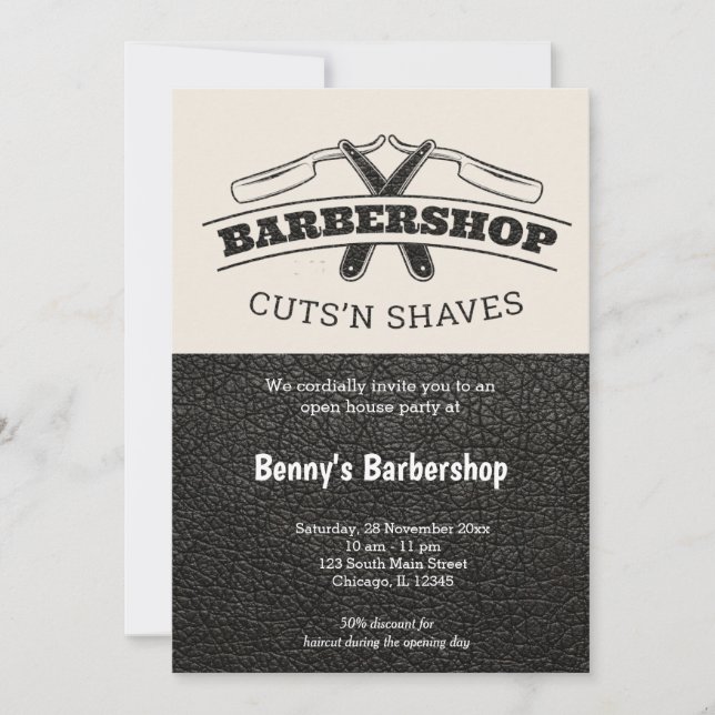 Invitación Cuero de Barbería abierto día (Anverso)