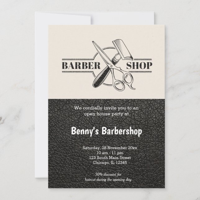 Invitación Cuero de Barbería abierto día (Anverso)