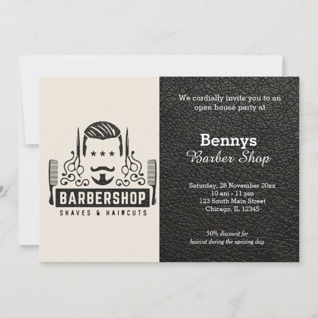 Invitación Cuero de Barbería abierto día (Anverso)