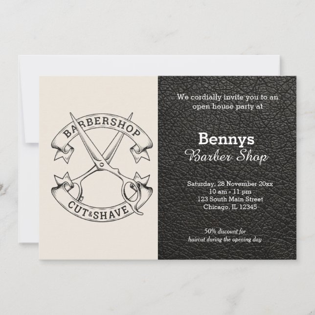 Invitación Cuero de Barbería abierto día (Anverso)