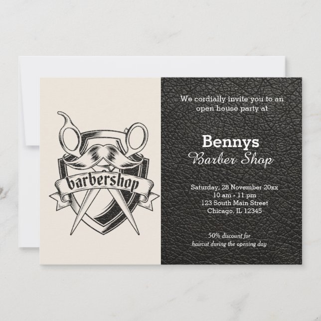 Invitación Cuero de Barbería abierto día (Anverso)