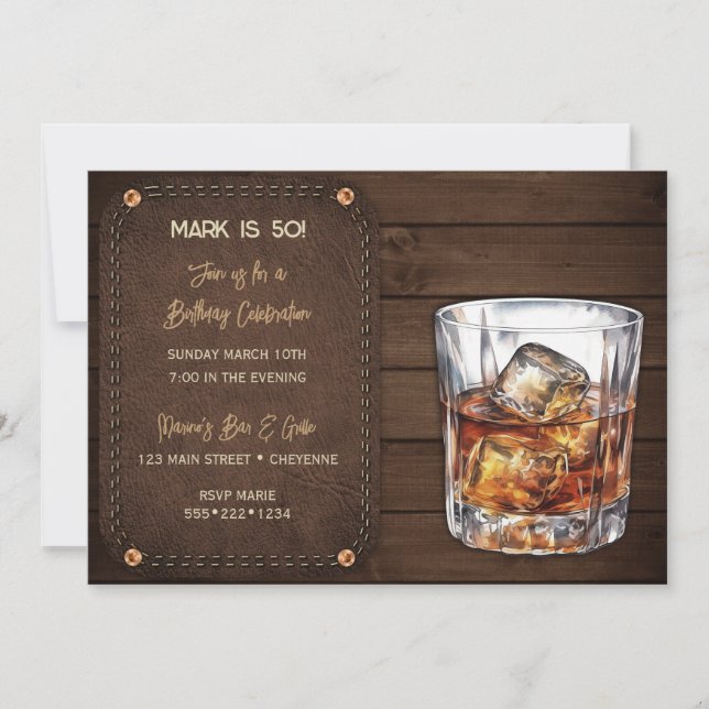 Invitación Cuero Masculino Bourbon Whiskey Scotch Wood (Anverso)