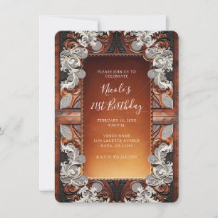 Invitación Cuero multicolor y encaje parecen cumpleaños rústi