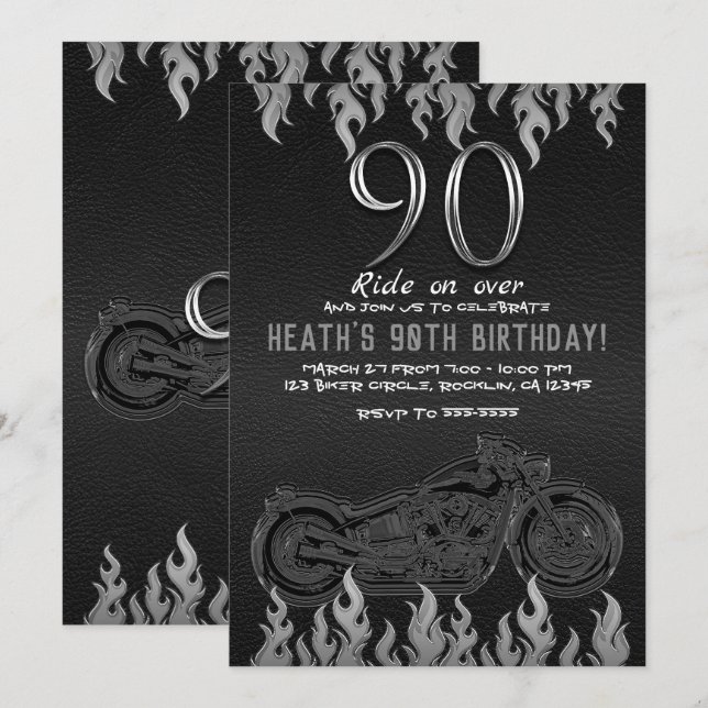 Invitación Cuero negro moto de plata 90TH 90 cumpleaños (Anverso / Reverso)
