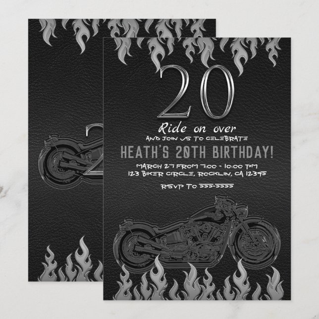 Invitación Cuero Negro Moto Plata 20 cumpleaños 20 (Anverso / Reverso)