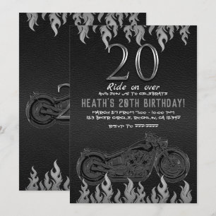 Invitación Cuero Negro Moto Plata 20 cumpleaños 20