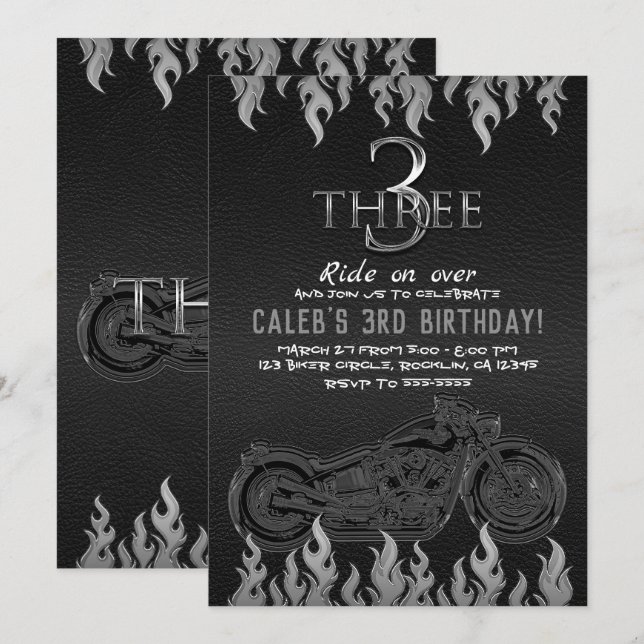 Invitación Cuero Negro Moto Plata 3 Cumpleaños 3RD (Anverso / Reverso)