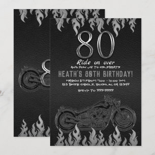 Invitación Cuero Negro Moto Plateada 80 Cumpleaños 80