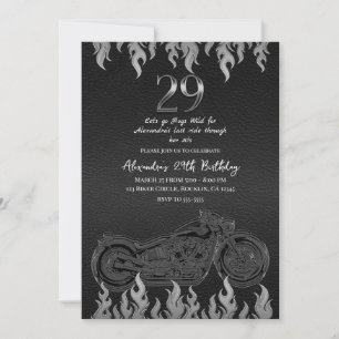 Invitación Cuero Negro Motocicleta Plateada Cumpleaños 29