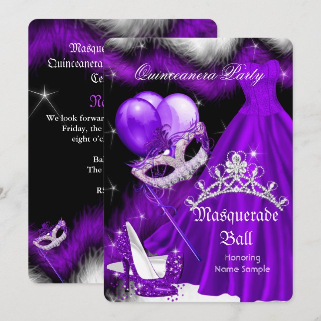 Invitación Cuero negro púrpura de quinceanera 2a (Anverso / Reverso)