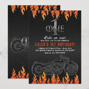 Invitación Cuero y llamas naranjas Motocicleta 1 cumpleaños n