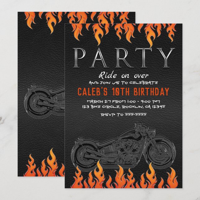 Invitación Cueros negros llamas naranjas partido de motocicli (Anverso / Reverso)
